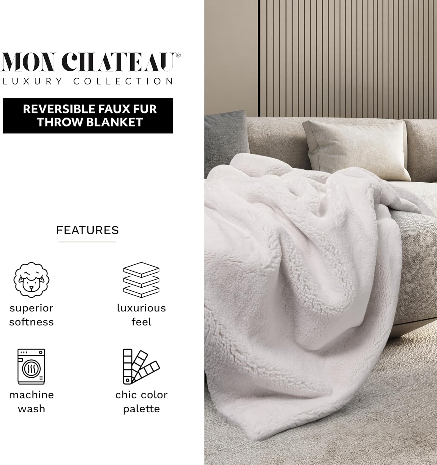Mon Chateau Luxury Ultimate Plush Faux Fur Throw with 6cm Foldover for Couch, Sofa, or Bed - Plush Ultra Soft Blanket for Sleeping or Home Décor, 60" x 70" (Foldover Ivory)