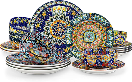 vancasso 18 Pieces Dinnerware Sets, Plates and Bowls Set, Porcelain Dishes Set for 6, Microwave and Dishwasher Safe, Scratch Resistant, Bohemian Style Dining Ware Service for 6, Series SIMI