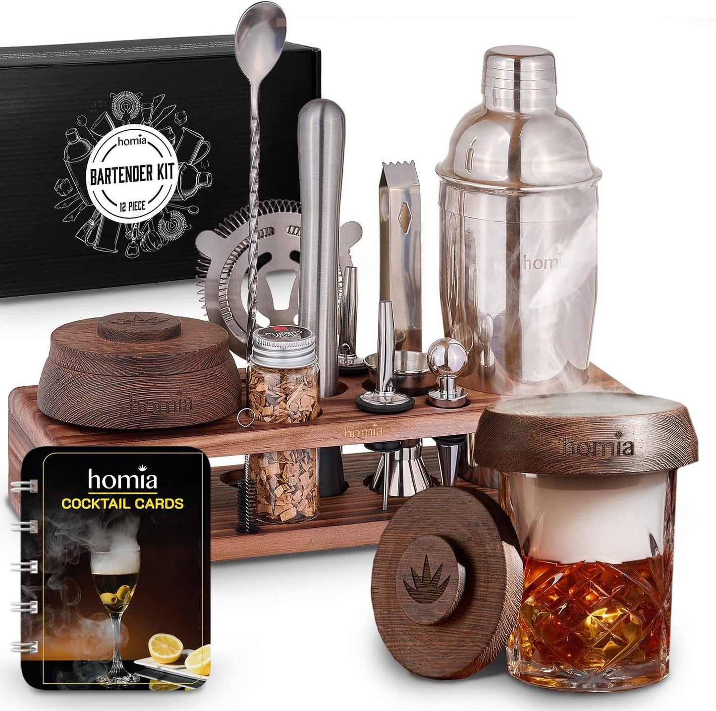 Bartender Kit with Whiskey Smoker - 13 pcs, Pine Stand - Bar Set with Cocktail Shaker, Bartending Kit with Essential Bar Accessory Tools, Wood Chips, Steel