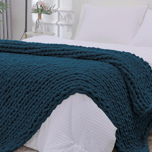 Bigacogo Chunky Knit Throw Blanket for Couch, 51x63 inches, 100% Hand Knitted with Thick Jumbo Chenille Yarn, Cozy Soft Large Rope Knot Cable Crochet Blankets for Sofa Bed Living Room, Deep Sea Blue