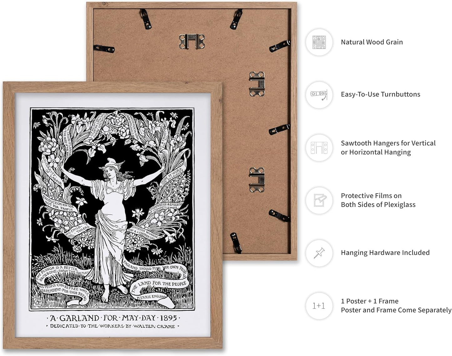 Poster Master Vintage Walter Crane Poster - Retro A Garland for May Day Print - Socialist Art - Gift for Him, Her, Men, Women - Wall Decor for Home, Office, Living Room, 16x20 Beige Framed