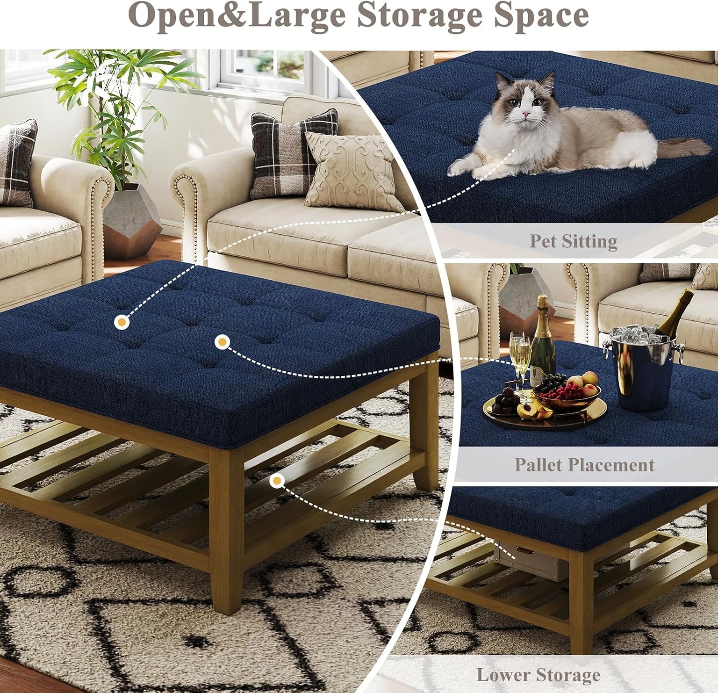 Large Square Ottoman Coffee Table, Linen Solid Upholstered Footrest Ottoman with Solid Wood Shelf Storage Tufted Coffee Table for Bedroom Living Room, Navy Blue