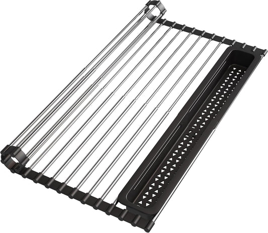 Roll Up Dish Drying Rack, Expandable (12.8"-23.8" D x 12.8" W) Stainless Steel Portable Over The Sink Dish Drainer for Kitchen Sink Counter, Foldable Sink Cover with Removable Utensil Holder