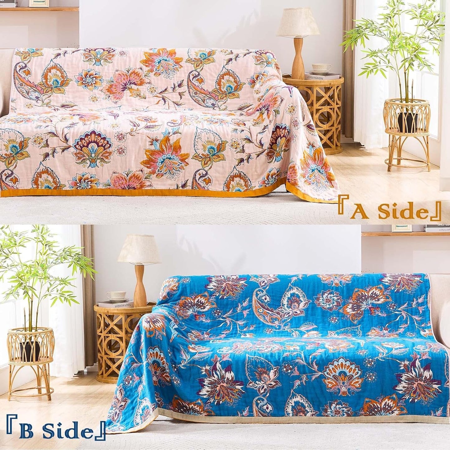 Boho Throw Blanket for Bed, 100% Cotton Soft Rustic Quilt Fall Blanket, 80"x90" Floral Printed Farmhouse Decor Bed Blankets, All Season Rustic Reversible Bohemian Throw Quilt