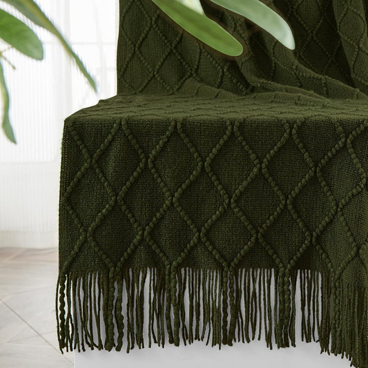 inhand Knitted Throw Blankets for Couch and Bed, Soft Cozy Knit Blanket with Tassel, Dark Green Lightweight Decorative Blankets and Throws, Farmhouse Warm Woven Blanket for Men and Women, 50"x60"