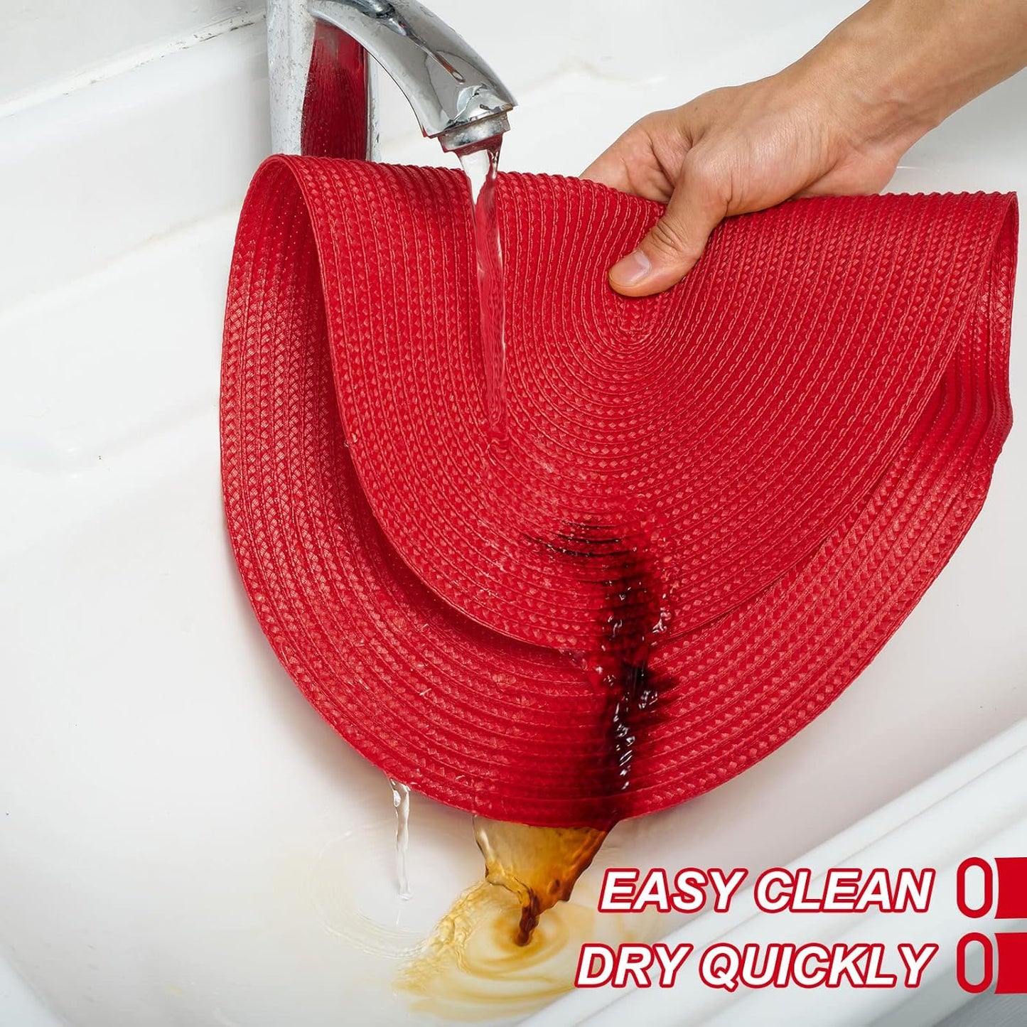 AHHFSMEI Placemats Set of 6 for Dining Table Washable Woven Vinyl Non-Slip 18x12 inches Placemat Heat-Resistant Durable Table Mats for Dining Table Easy to Clean (Oval red, 6)