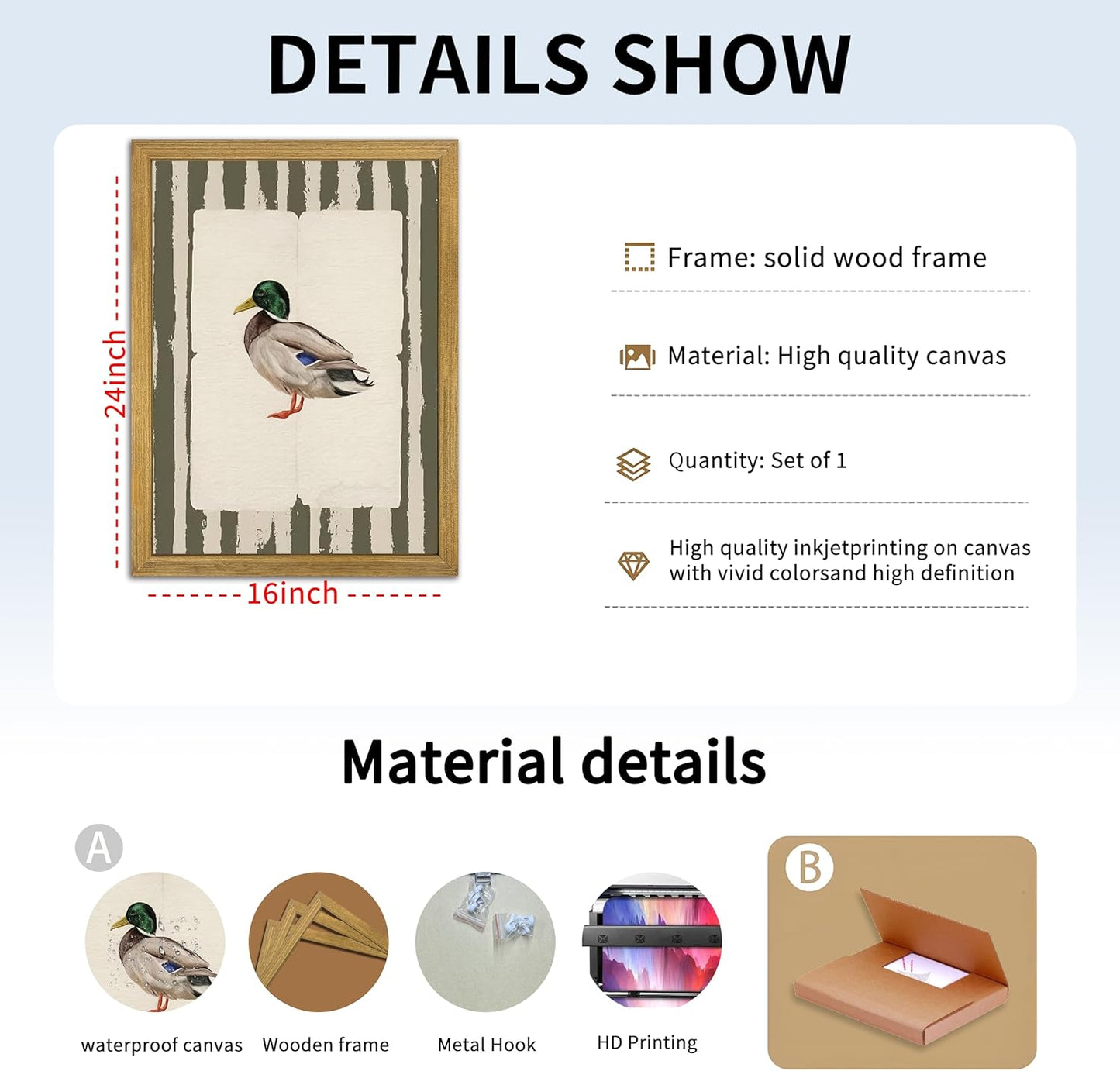 Vintage Framed Duck Wall Art Print, Rustic Mallard Bird Illustration Canvas Poster, Cottagecore Animal Artwork, Farmhouse Nature Wall Decor for Living Room Kitchen Bathroom Bedroom 16x24 inch