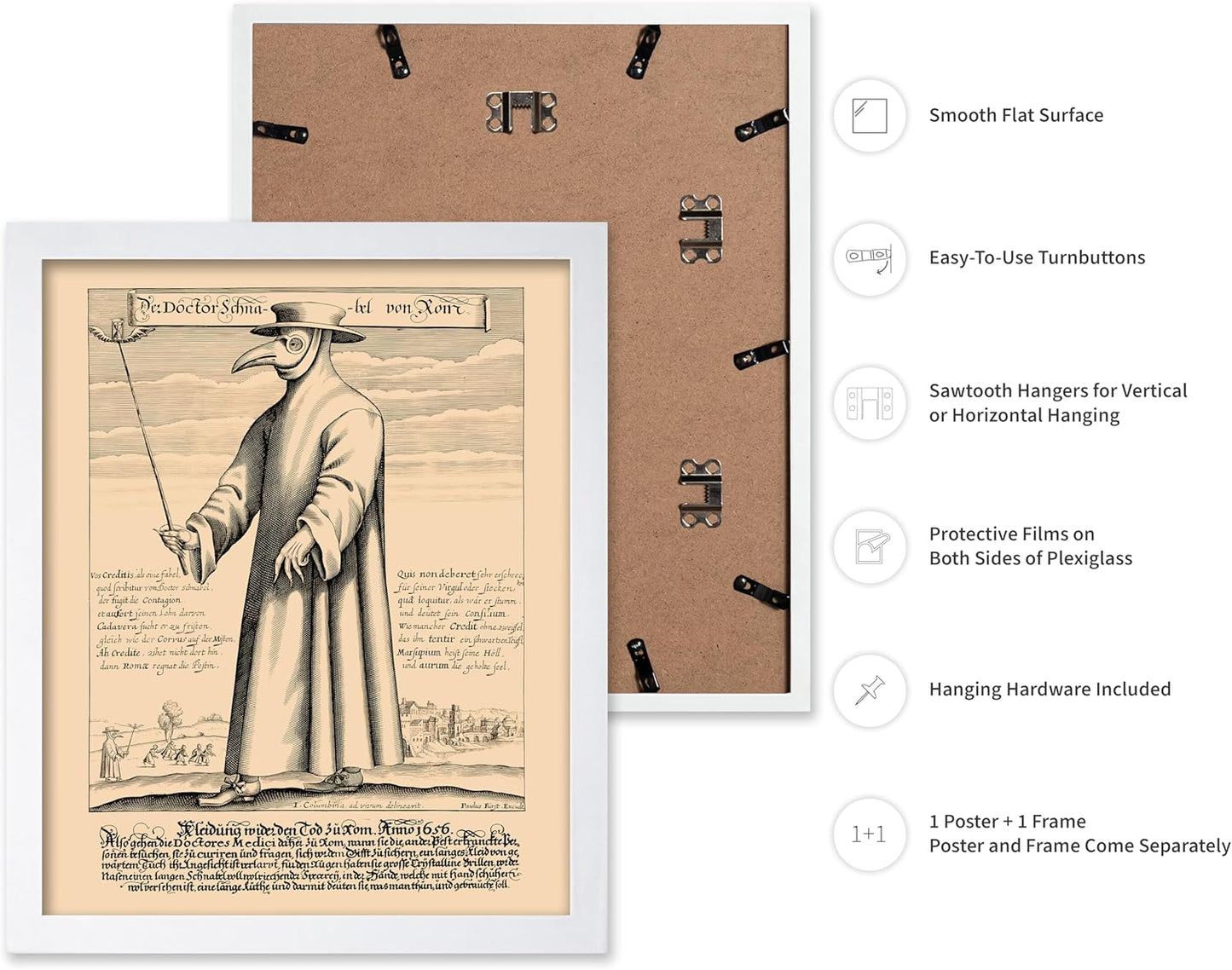 Poster Master Vintage Medieval Poster - Retro Illustration Print - Gift for Friend - Plague Doctor, Pandemic Mask, Physician, Black Death - Wall Decor for Home, Living Room, 11x14 White Framed