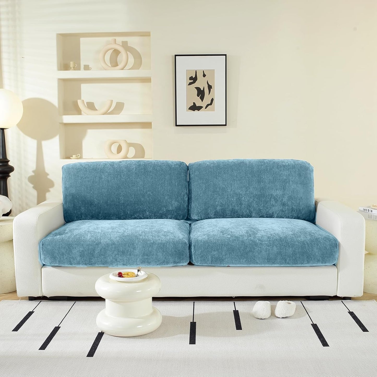 Large Backrest Cushion Covers Super Stretch Backrest Covers for 2 Cushion Couch Sofa, Couch Back Cushion Covers Featuring with Chenille Yarn (Softer Version, 2PC, Blue)