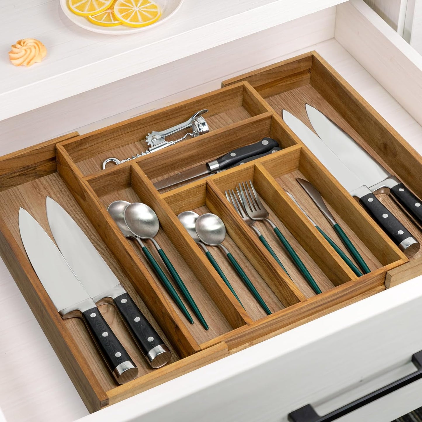 VaeFae Teak Drawer Organizer, Large Silverware Organizer, Expandable Utensil Organizer for Kitchen Drawer, Wooden Cutlery Tray Drawer Dividers Organizer