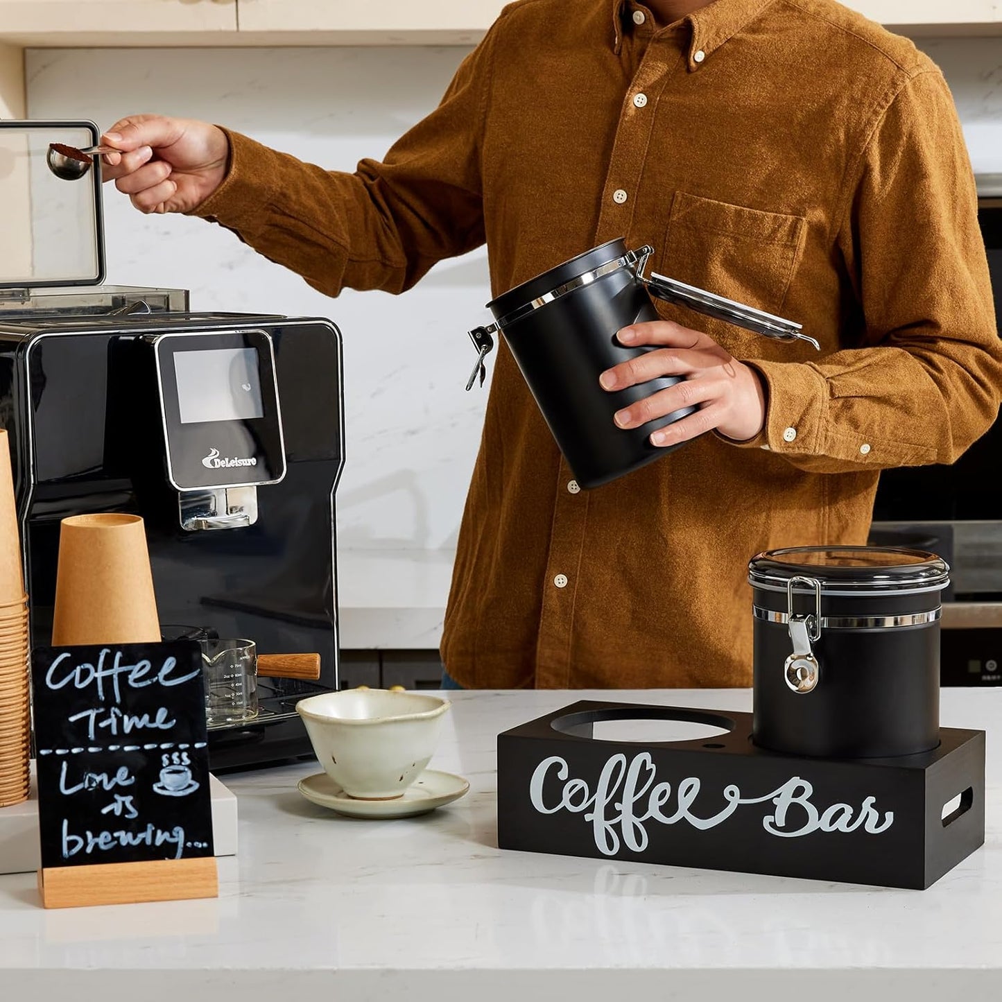 Yangbaga 2 x 63OZ Stainless Steel Coffee Canisters with Handle Shelf, Airtight Locking Clamp & Scoop, Food Storage Jars for Kitchen