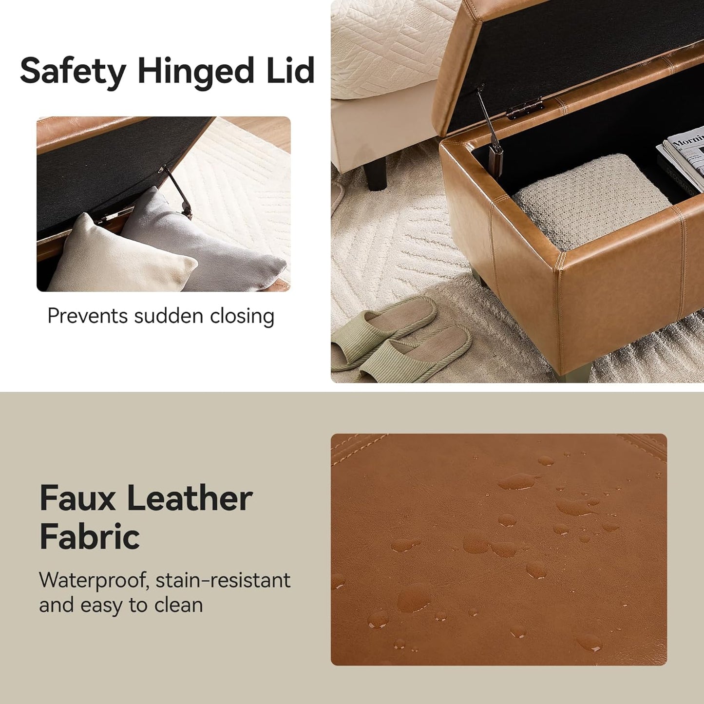 51" Faux Leather Storage Ottoman, Stitch Tufted Rectangle Upholstered End of Bed Storage Bench, Entryway Large Couch Ottoman with Wooden Legs, Light Brown