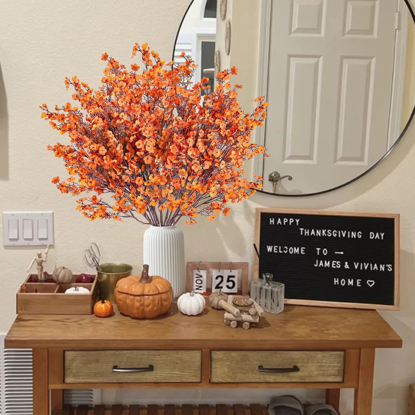 Sggvecsy 15 Pcs Babys Breath Artificial Flowers Gypsophila Bouquets Bulk Real Touch Fake Silk Flowers for Home DIY Floral Arrangement Table Centerpiece Fall Autumn Decoration (Fall Orange)