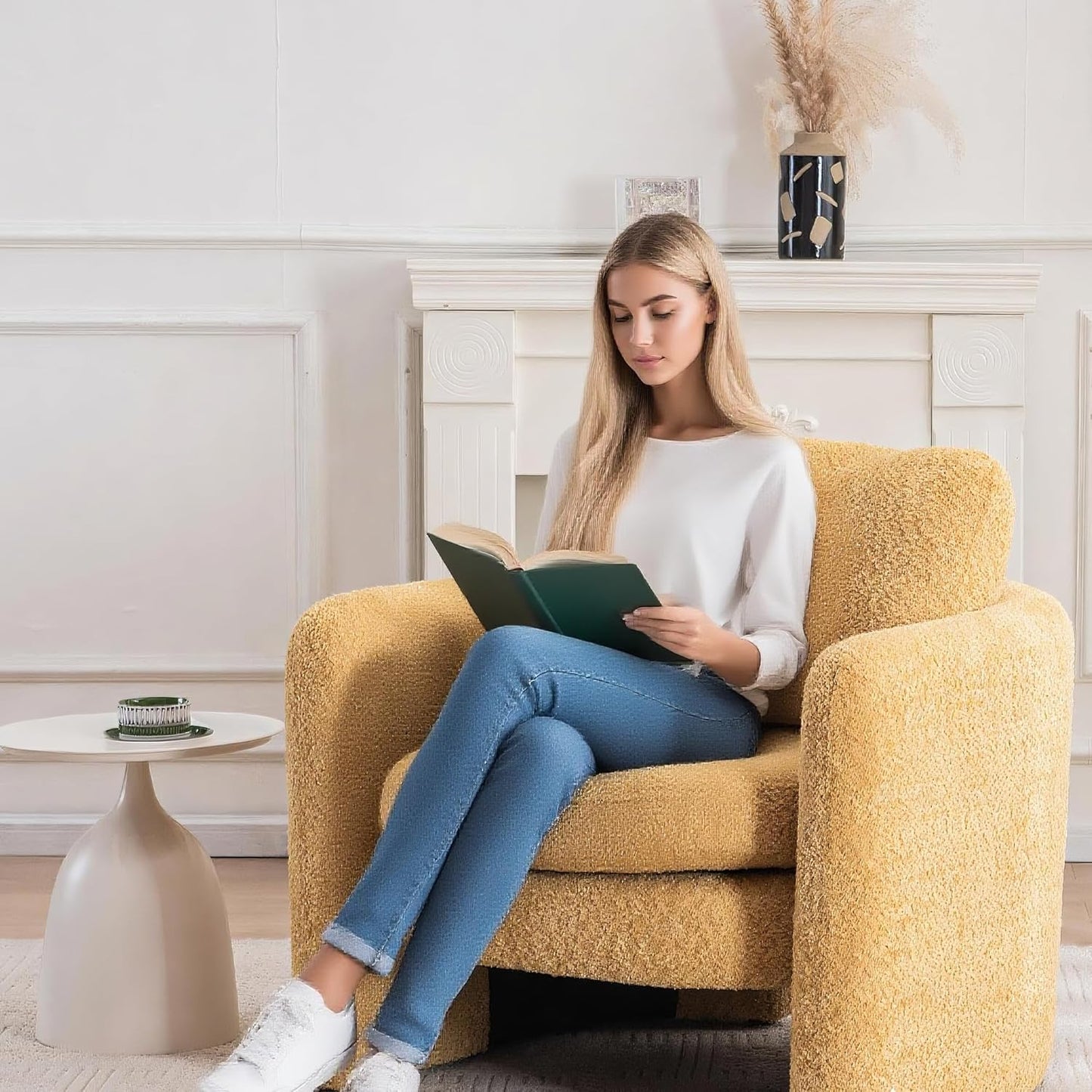 Chenille Accent Armchair Oversize Upholstered Barrel Comfy Modern Round Lounge Sofa Chair with Pillow Cozy Reading Chairs for Apartment,Office,Living Room,Dining,Makeup,Club,Yellow