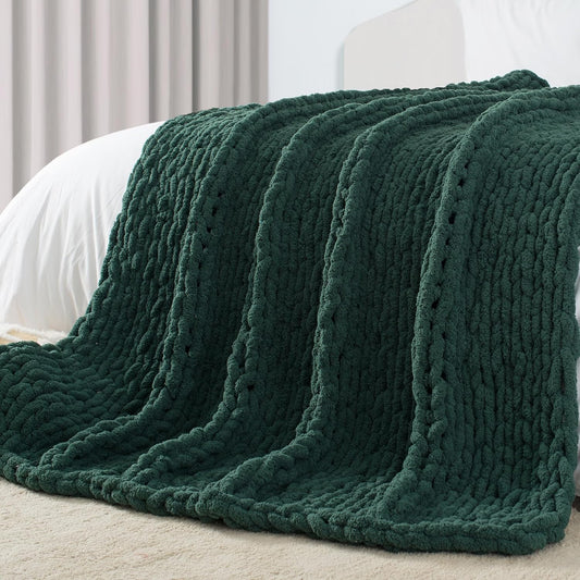 Carriediosa Chunky Knit Throw Blanket 50" X 60", 100% Hand Made Large Chenille Loop Yarn Soft Fluffy Throws for Couch Sofa Bed, Big Crochet Cozy Heavy Thick Cable Woven Blankets, Dark Green