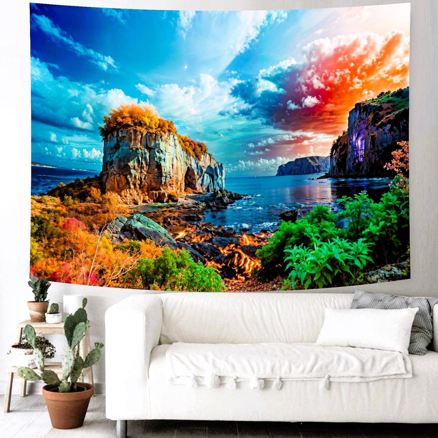 Delur Coastal Ocean Beach Tapestry Tropical Forest Tree Sunrise Sea Landscape Tapestry Wall Hanging Wave Sunset Nature Colorful Spiritual Headboard for Bedroom Living Room Home Decor (59.1" x 78.7")