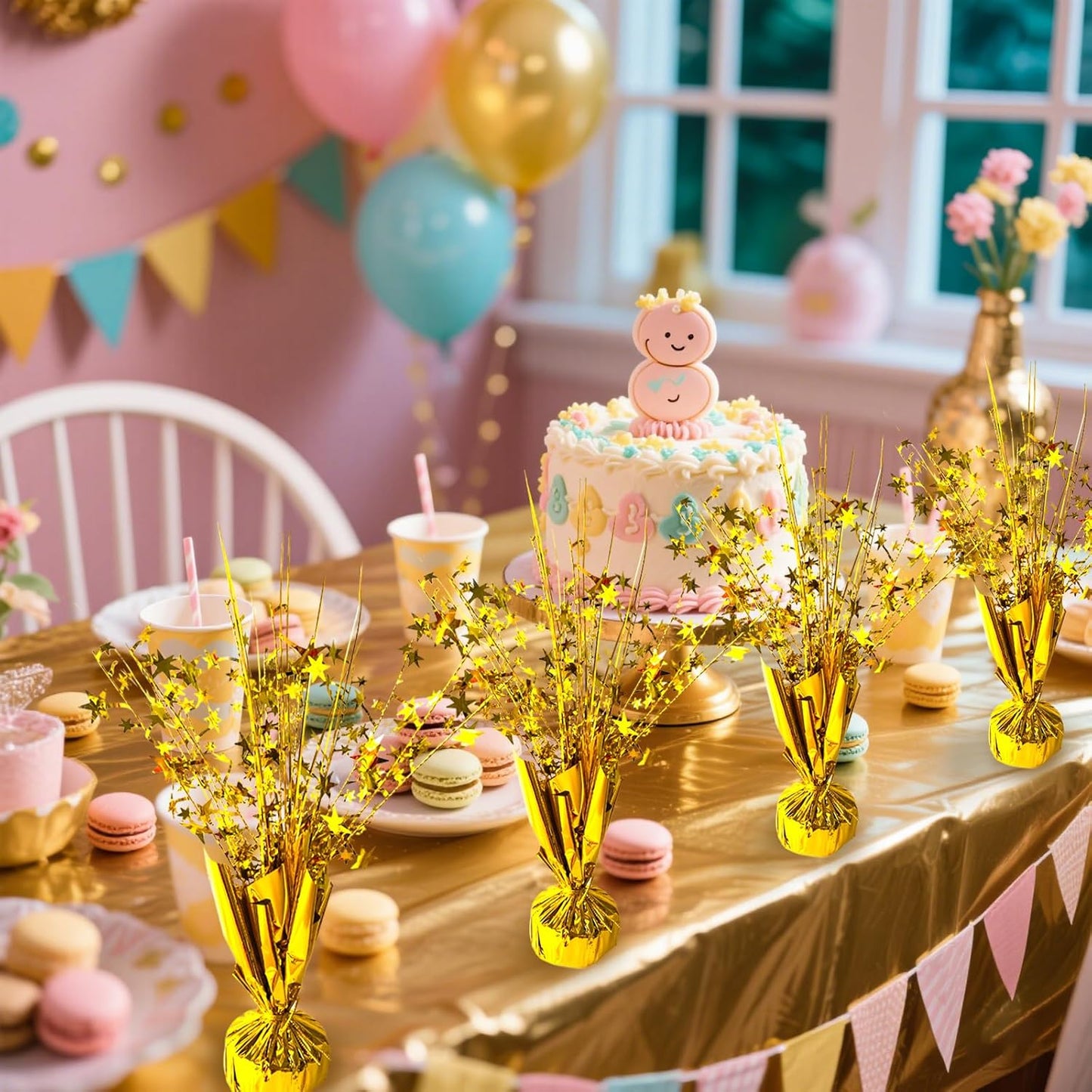 6 Pack Metallic Foil Spray Centerpiece Star Table Decoration Burst Table Centerpieces for Birthday Wedding Anniversary Graduation Holiday Party Supplies Decor, Gold