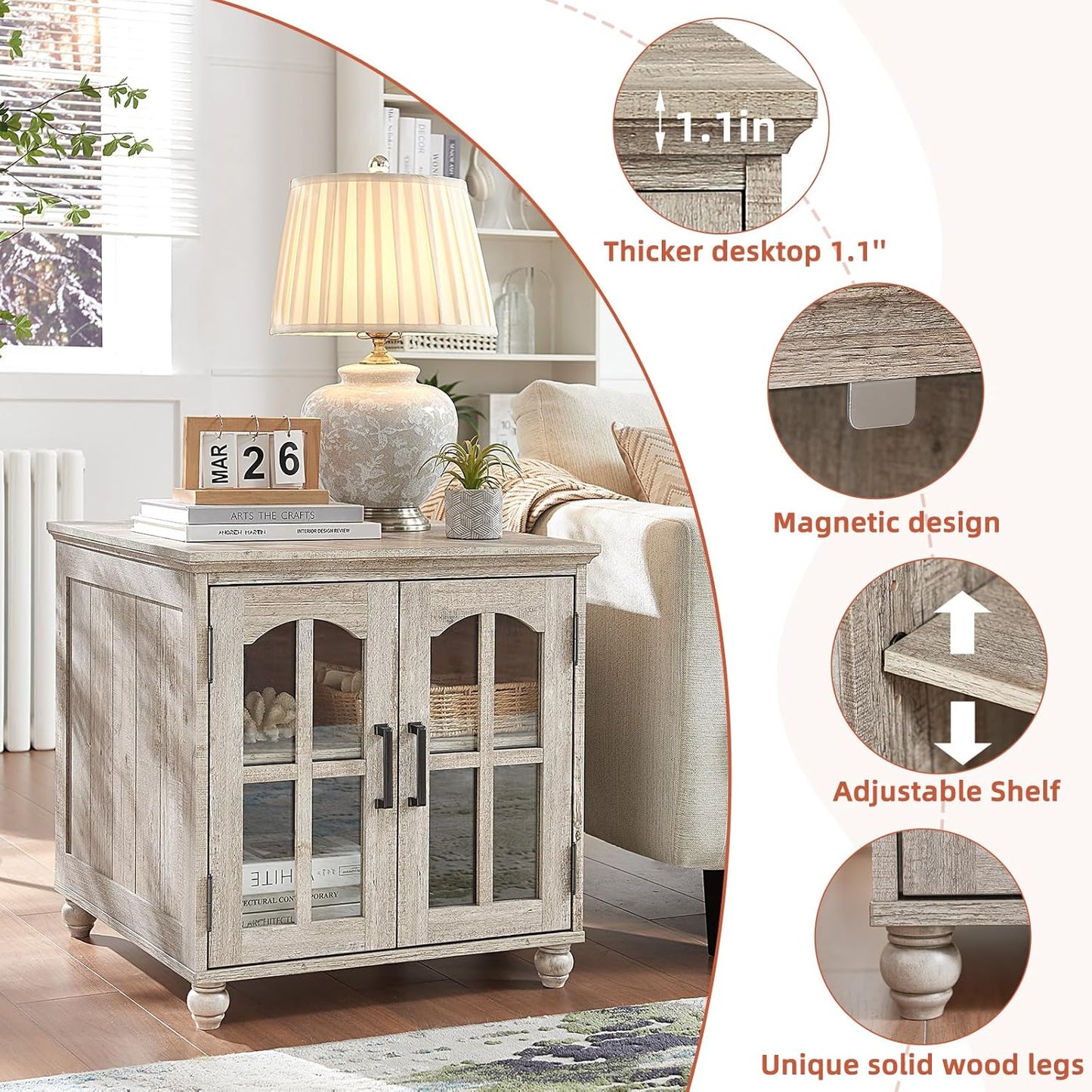 Farmhouse 24" End Table Set of 2 with Charging Station, Large Sofa Side Table with Glass Barn Door,Wood Night Stand with Adjustable Storage Shelf,Square Bedside Table for Living Room,Bedroom