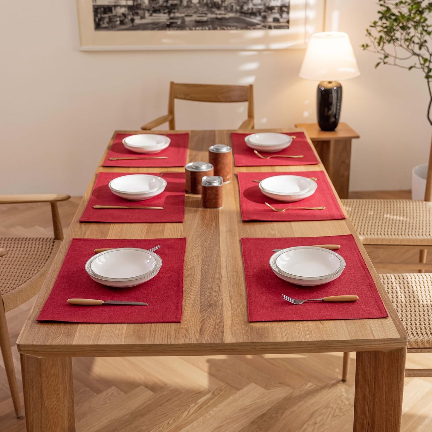 Demetex Christmas Placemats Set of 6 Red Linen Wipeable Place Mats Heat Resistant Cloth Placemats for Dining Table Restaurants Holiday, 13 x 19 inches, Wine Red