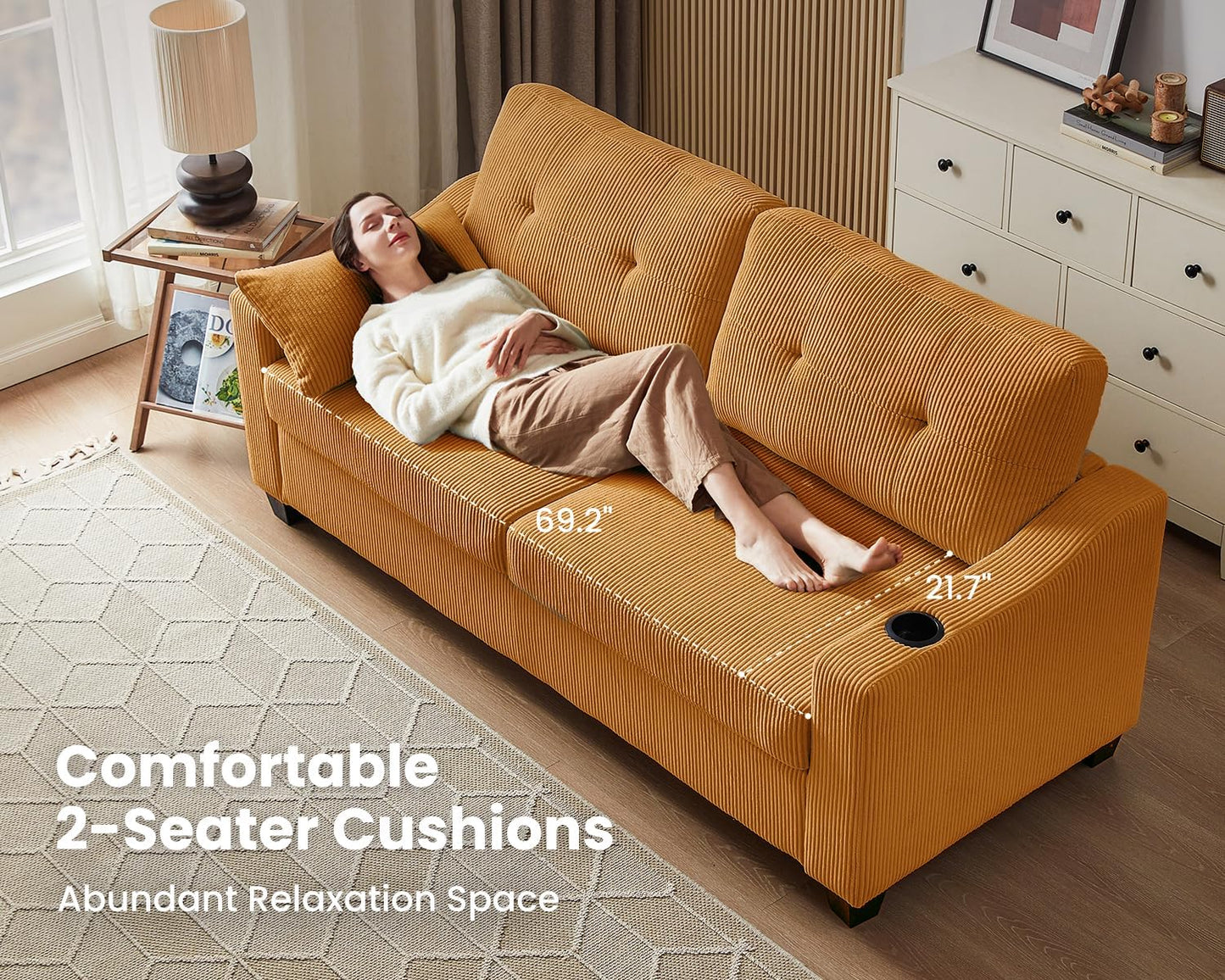 Pull Out Sofa Bed, Full Size Sleeper Sofa, 2-in-1 Convertible Corduroy Couch with USB Charging, Memory Form Couch for Living Room, Apartment and Small Space (Mustard Yellow, Corduroy - Queen Size)