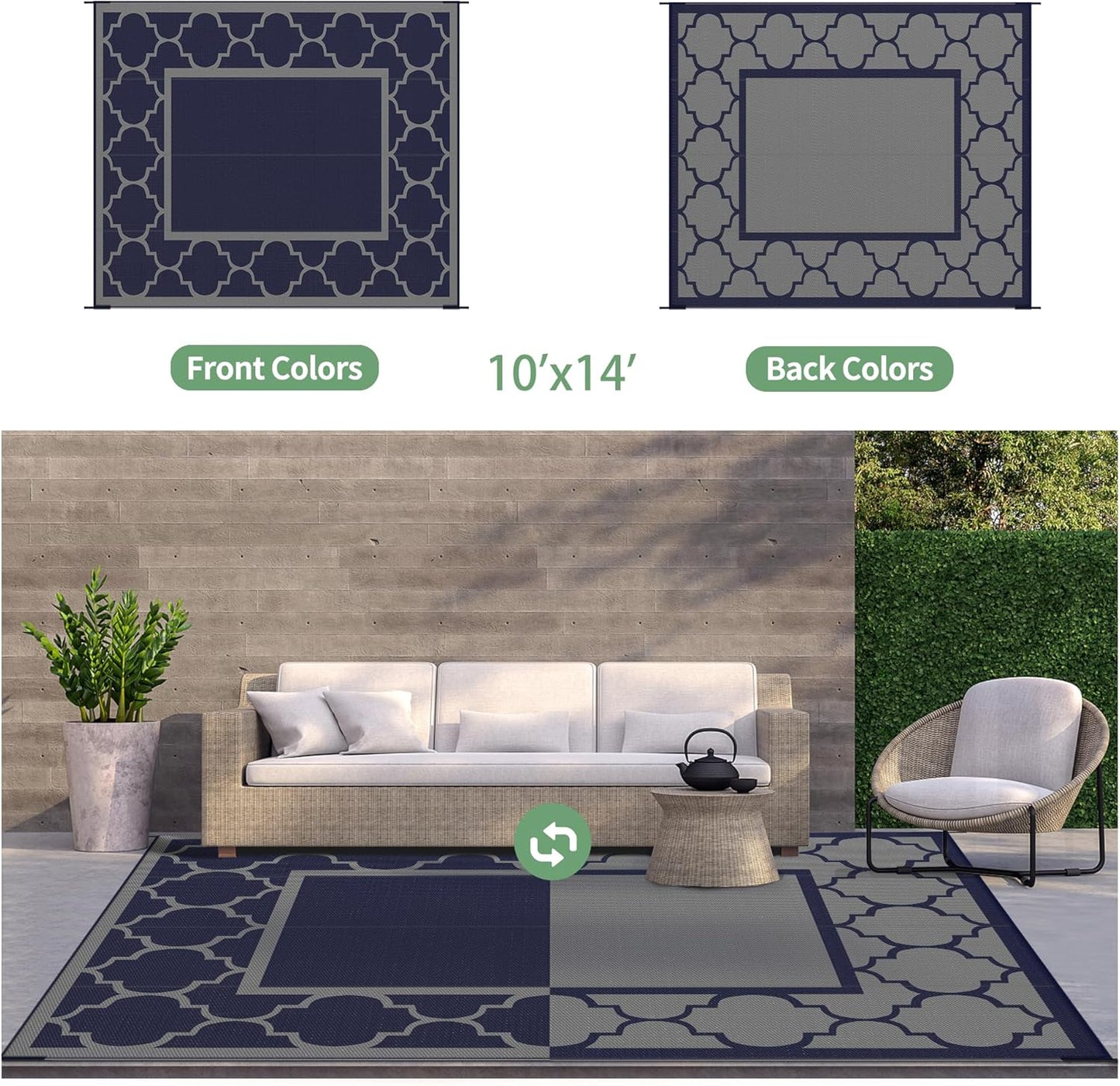 GENIMO 10 ' x 14 ' Outdoor Rug Waterproof for Patio Decor, Foldable Reversible Plastic Straw Area Rugs Mat for Camper, Outside Carpet for Rv, Deck, Porch, Picnic, Beach, Balcony, Blue & Grey