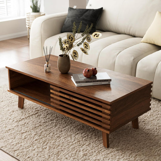 Mid Century Coffee Table with Storage & Sliding Fence Door, Modern Coffee Tables for Living Room, Walnut Finish