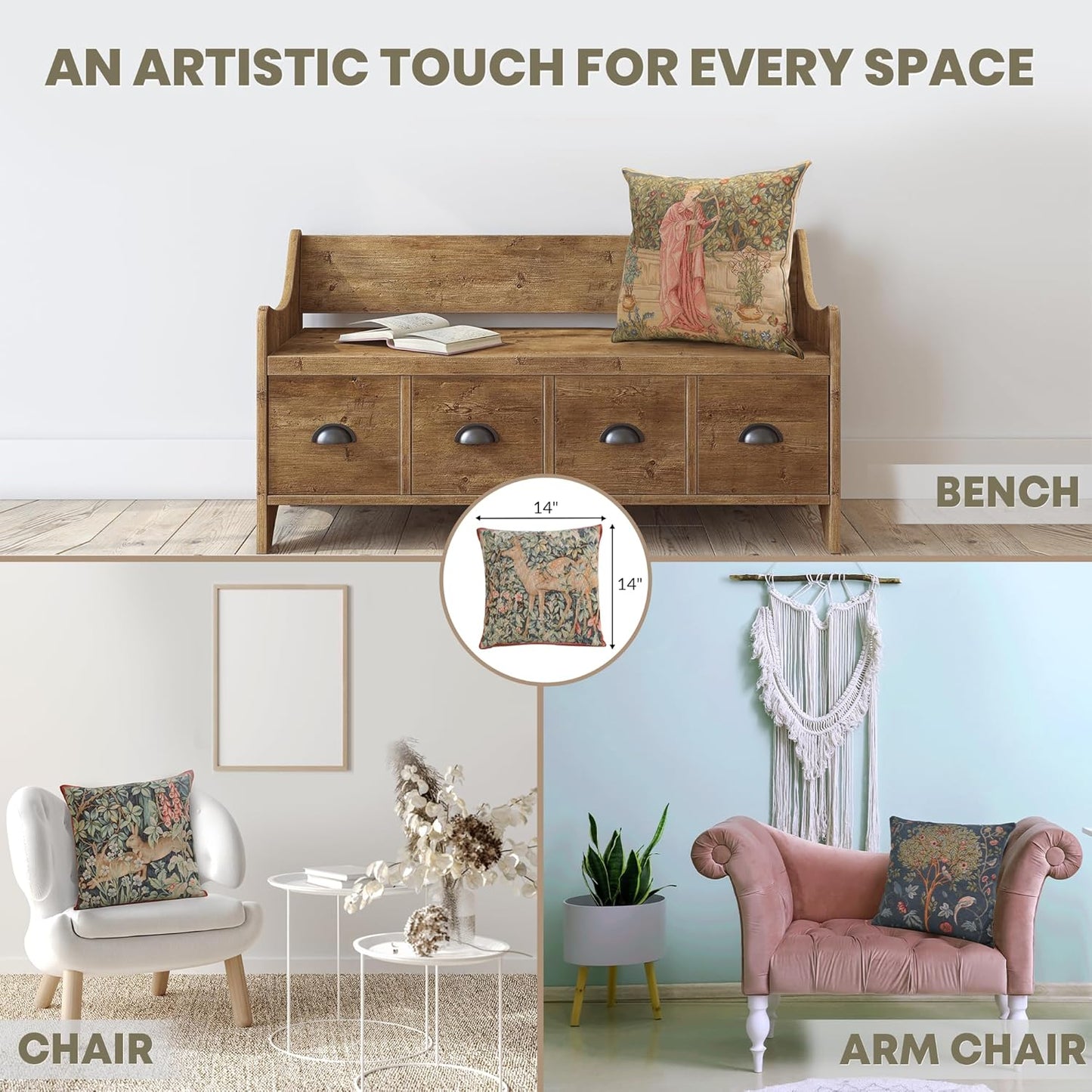 Charlotte Home Furnishings Decorative Tapestry Pillow Cover 14x14 in, Green Two Does Couch Throw Pillow Cover, French Country Square Cushion Cases for Bed Room Home Decor, Soft Cotton Jacquard Woven