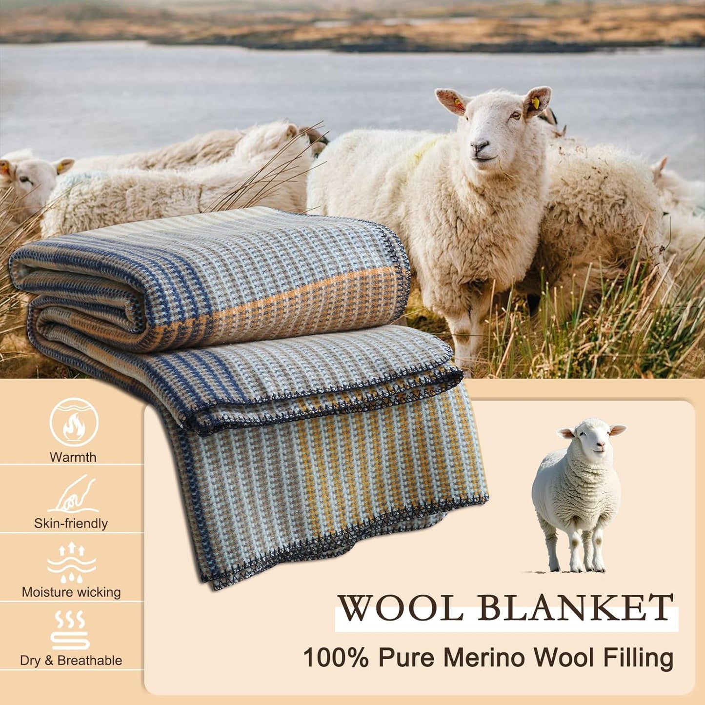 YOUR MOON Pure Merino Wool Queen Size Bed Blanket, 100% Australian Natural Wool, Washable, Hypoallergenic - Non-Itchy (Brownish Blue, 90 * 90)