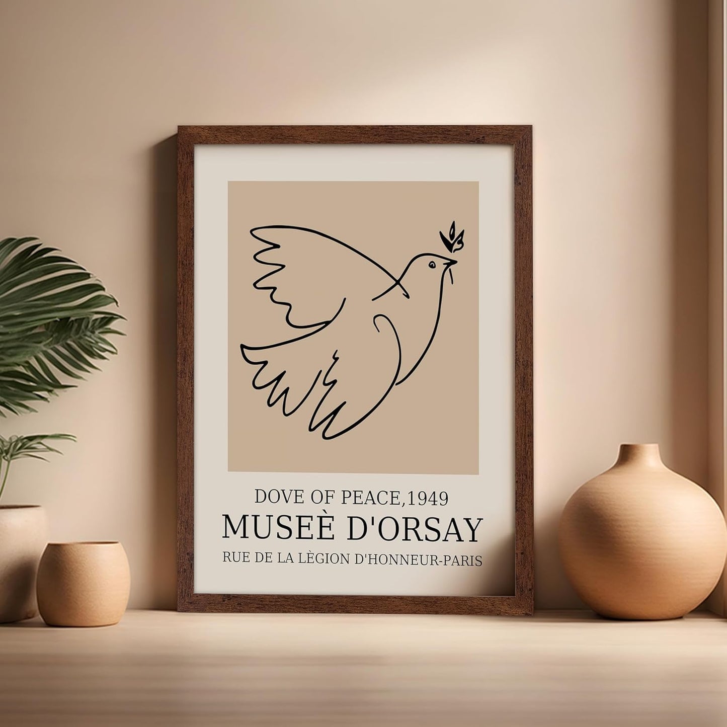 Poster Master Vintage Poster - Retro Minimalist Print - Gift for Artist, Friend - Dove Of Peace, Line Drawing, Sketch, Abstract - Wall Decor for Living Room, Bedroom, 16x20 Brown Framed