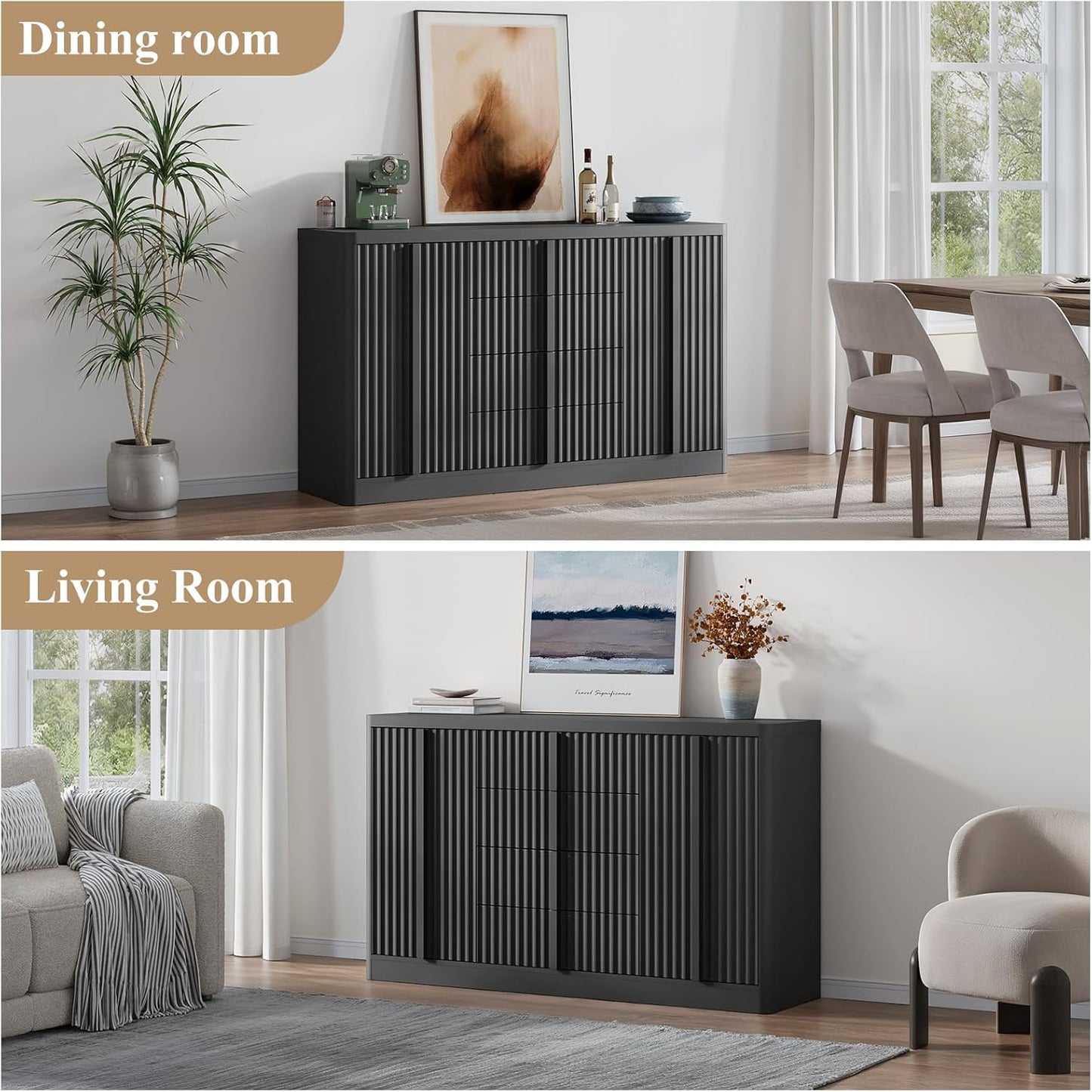 Buffet Cabinet with Storage, 120" Fluted Coffee Bar with 8 Drawers & 4 Doors, Modern Sideboard Buffet with Solid Wood Handle, Credenza Storage Cabinet for Living Room Kitchen Dining Room, Black(2PCS)