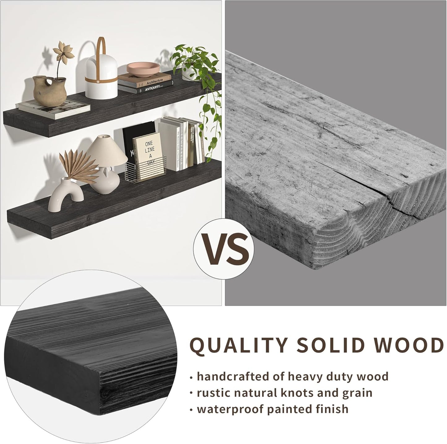 Floating Shelves for Wall, USA-Sourced Fir Wood 24 Inch Wall Shelves Set of 2, Natural Rustic Solid Wooden Floating Shelves Wall Mounted, Nursery Book Storage Shelf, Display Shelf for Bathroom