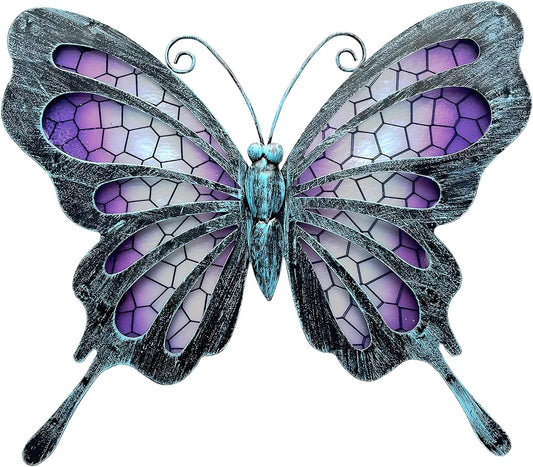POXOHO Metal Butterfly Wall Decor - Purple Mosaic Glass Art Sculpture with Metal Frame, 11 Inch Hanging Garden Ornaments for Outdoor Fence, Patio Yard, Indoor Bedroom & Living Room Home Decoration