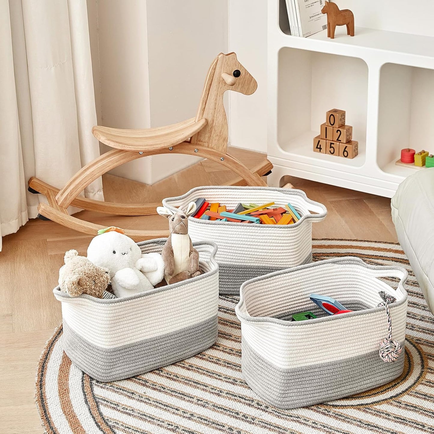 Cotton Rope Storage Basket Set of 3 (15"x10.2"x9.1") - Rectangle Storage Bins - Versatile Toy Storage Organizer - Perfect for Kids, Dog Toys, Books, Shelves - White & Grey