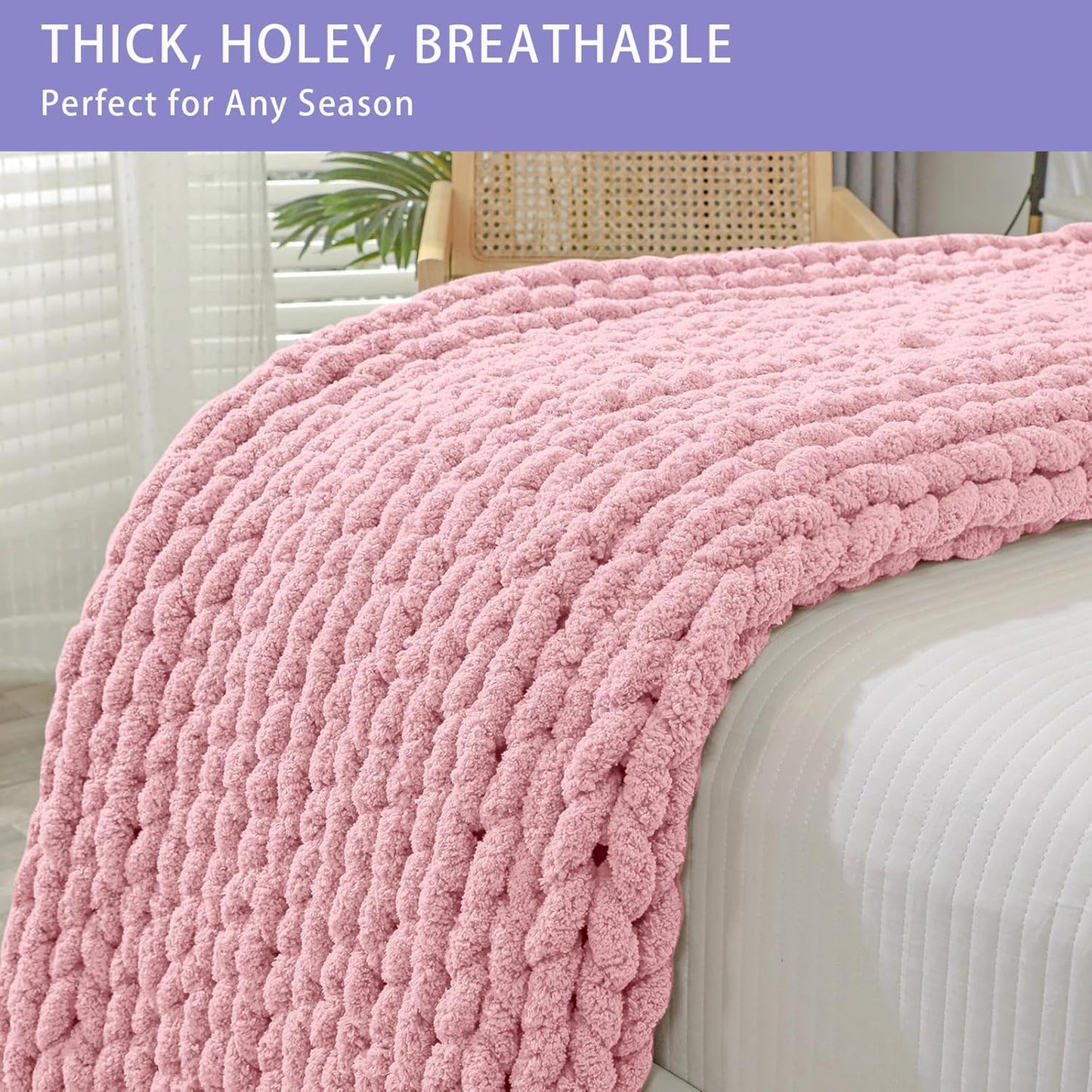 Bigacogo Chunky Knit Throw Blanket for Couch, 40x60 inches, 100% Hand Knitted with Thick Jumbo Chenille Yarn, Cozy Soft Large Rope Knot Cable Crochet Blankets for Sofa Bed Living Room, Blush Pink