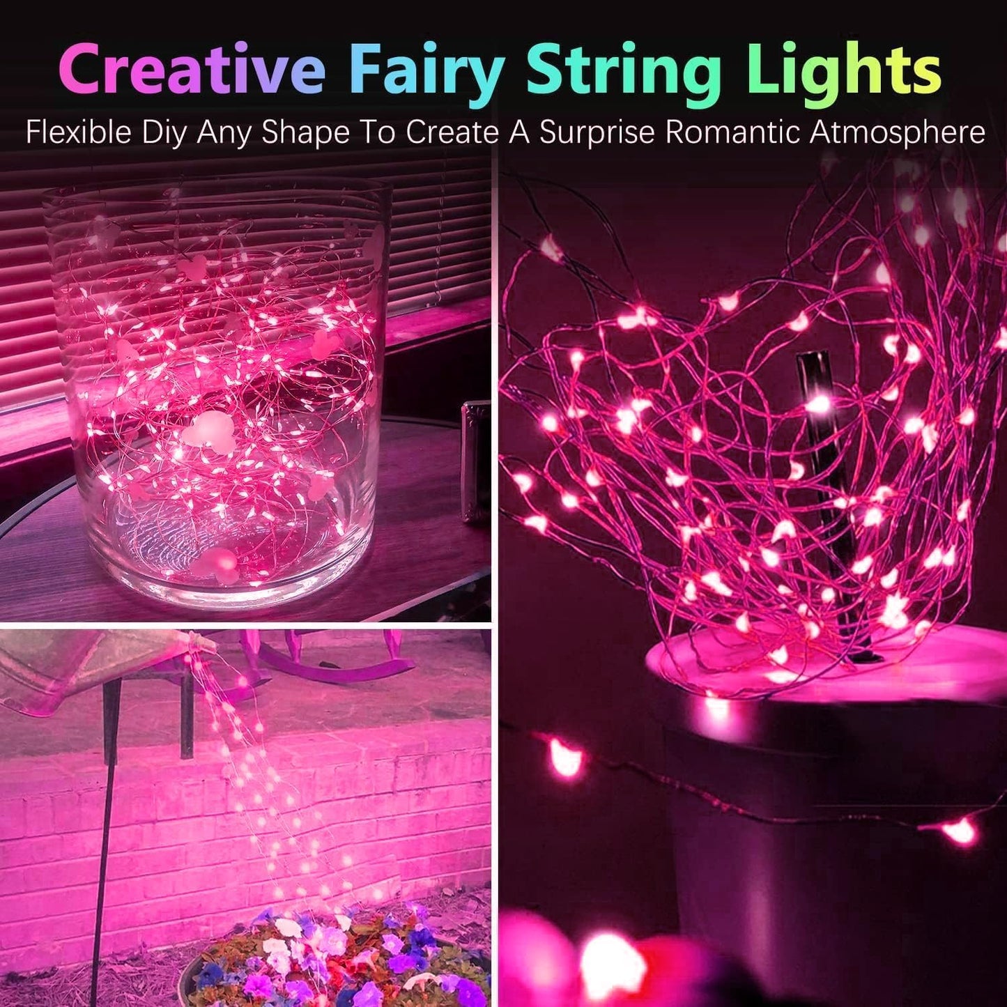 4 Pack 20FT 60LED Fairy Lights Battery Operated, Mother's Day String Light with Timer Waterproof, Battery Twinkle Lights for Girl's Bedroom Wedding Anniversary Decorations (Pink)