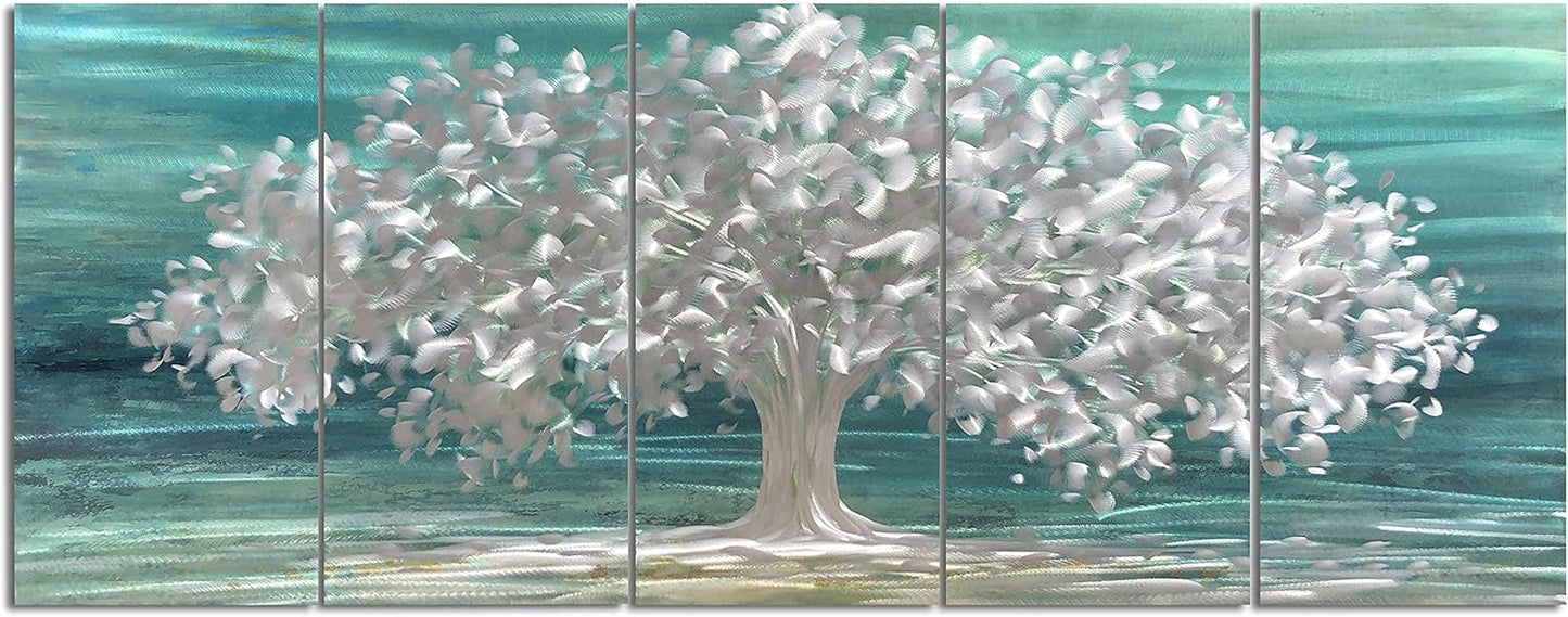 Yihui Arts Tree Of Life Metal Wall Art Handcrafted Aluminum Artwork Teal and Silver Abstract Nature Pictures in 5 Pieces for Living Room Bedroom Bathroom Decor