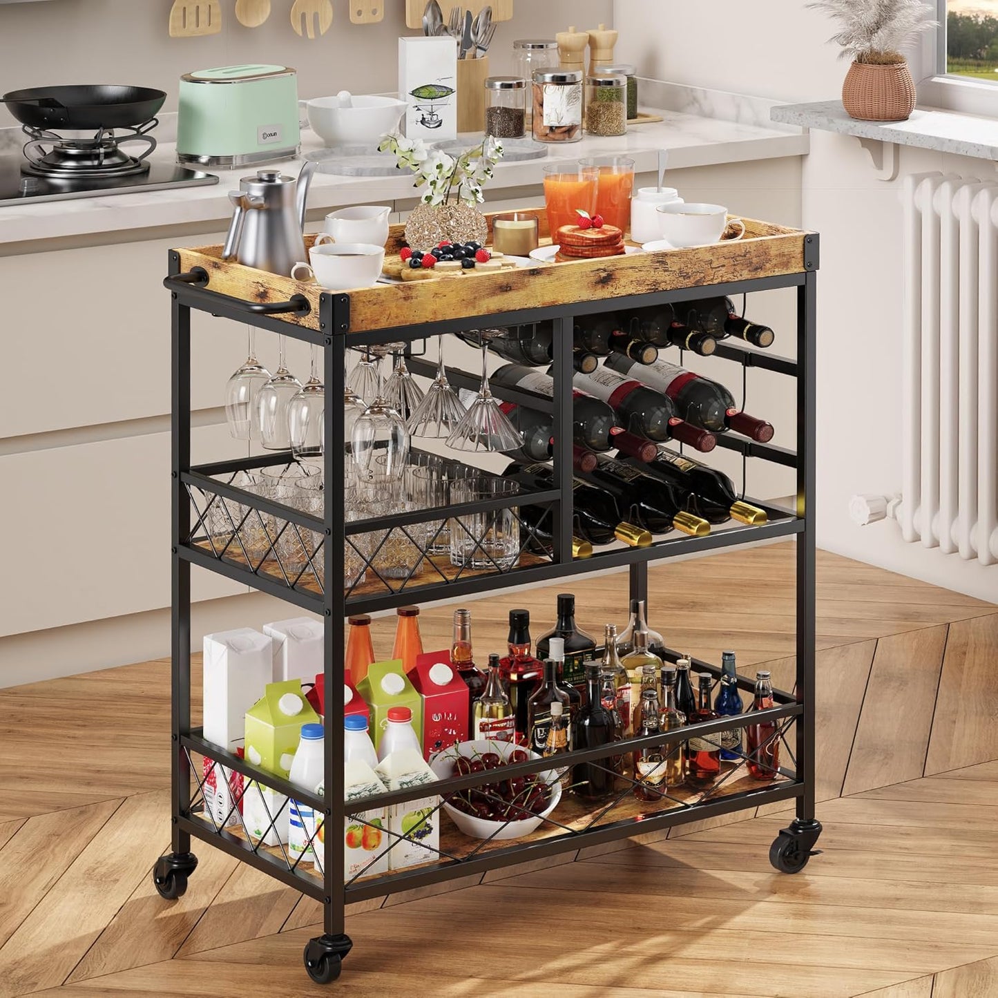 Gizoon Bar Cart, 3 Tier Coffee Cart with Lockable Wheels, 12-Bottle Wine Rack, and Hanging Glass Holder, Kitchen Rack with Removable Tray, for Kitchen, Dining Room, Entertaining, Club Party,Retro