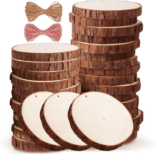 Wood Slices 30 Pcs 3.5-4 Inch Natural Wood Rounds Wooden Circles for Crafts Christmas Ornaments Unfinished Wood Kit with Predrilled Hole for DIY Arts Painting Centerpieces (3.5-4 inch)