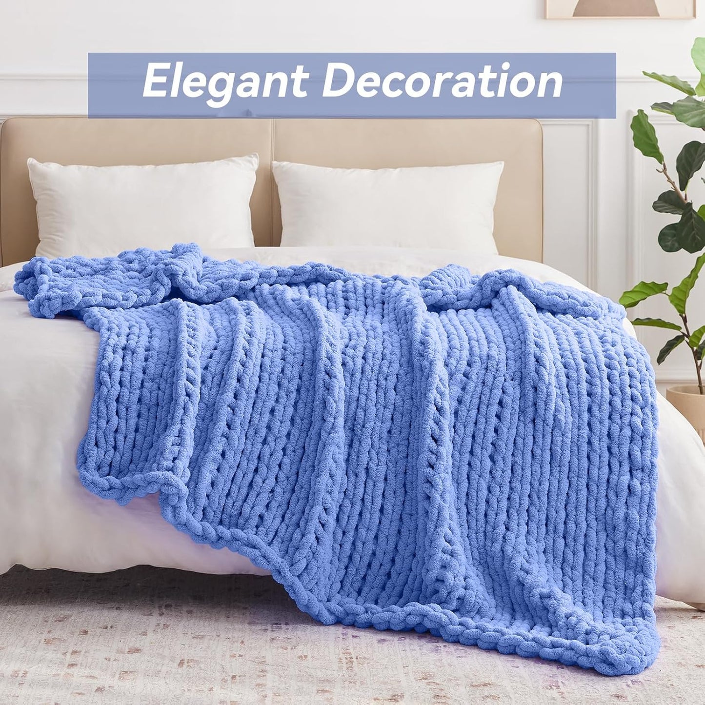 Chunky Knit Throw Blanket, 40''*50'' Knitted Throw Chenille Yarn for Bed Couch, Handmade Light Blue Crochet Big Thick Blanket, Machine Washable Cute Comfy Blanket for Home Decor