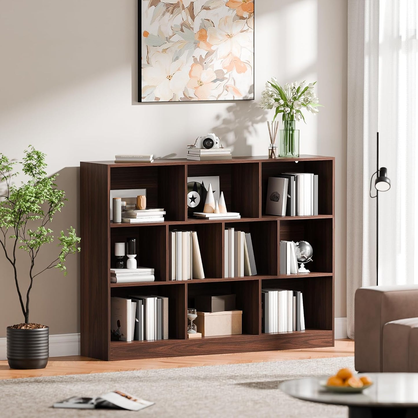 Cozy Castle Brown Bookshelf, 3-Tier Open Shelf Bookcase, 10 Cube Storage Organizer with Anti-Tilt Device for Bedroom, Living Room, 55.11" W x 11.61“D x 40.94“H