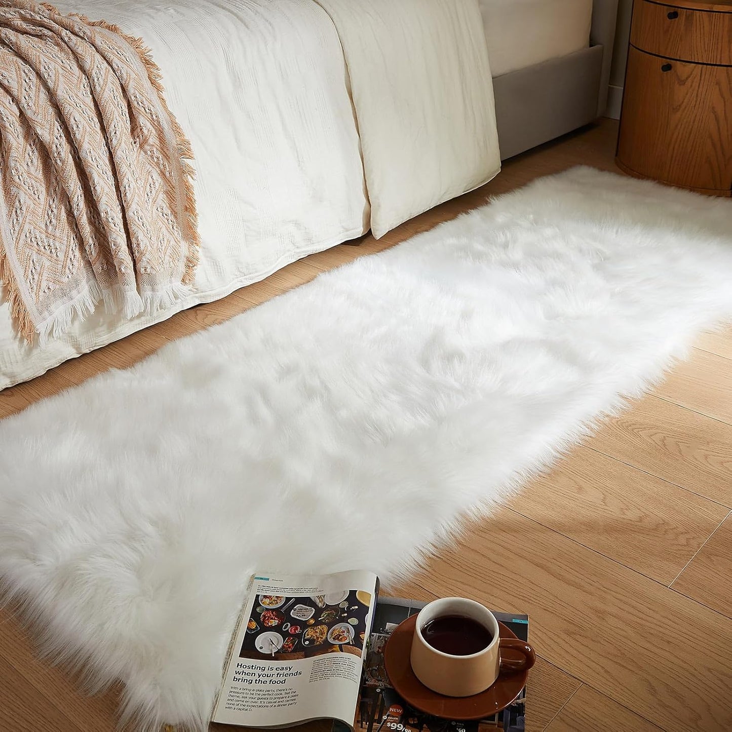 AMTOVO Faux Fur Rug, White Ultra Soft Fluffy Shag Sheepskin Rug, 2 x 6 ft Runner Area Rugs for Bedroom Sofa Throw Cushion Room Decor, Rectangle