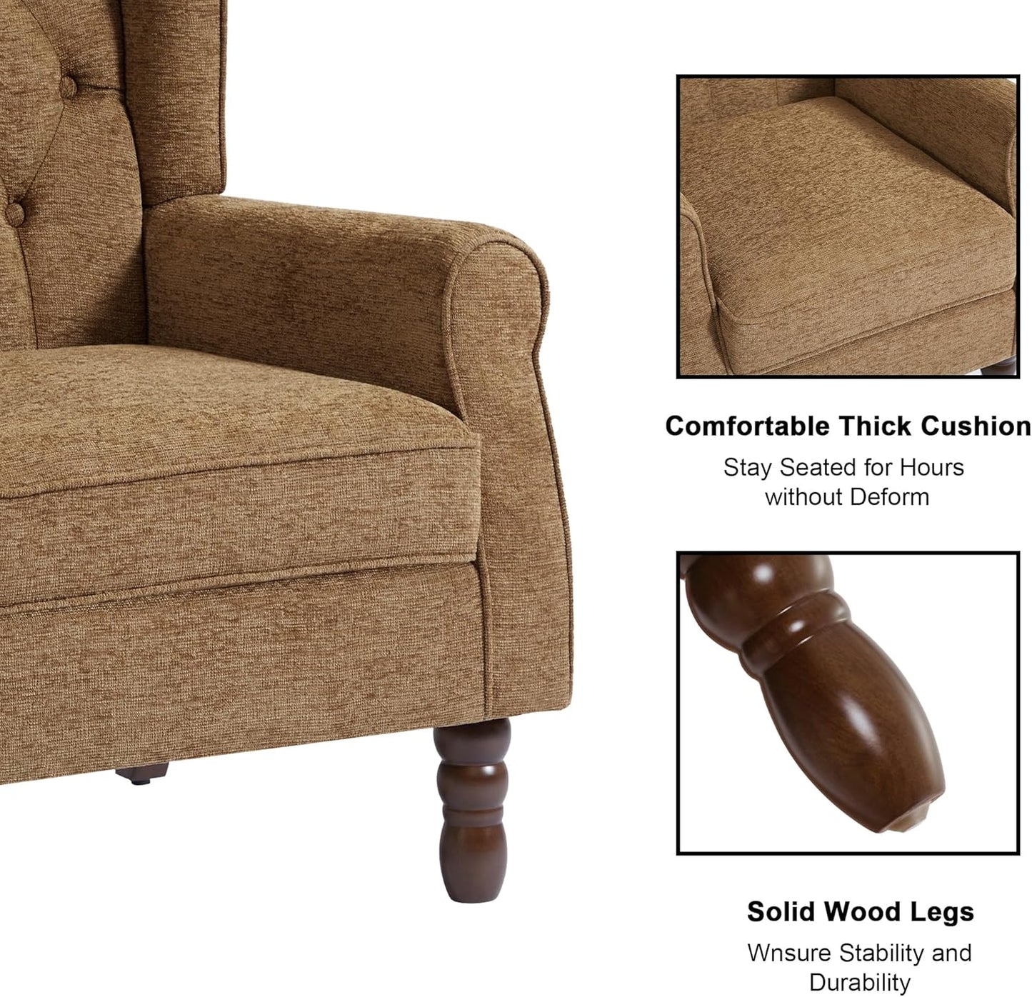 Accent Chair, Upholstered Armchair with Button Tufted High Back & Solid Wood Legs, Comfy Wingback Reading Single Sofa Chair for Small Spaces, Living Room, Bedroom (Brown, Set of 1)