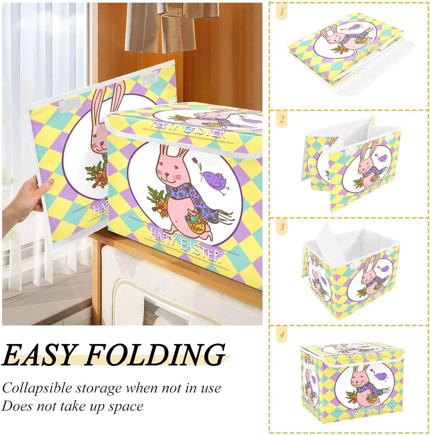 susiyo Easter Bunny Illustration fabric storage baskets with lids,Collapsible Storage Boxes,Foldable storage boxes with handles for Home,Office,Closet Organization