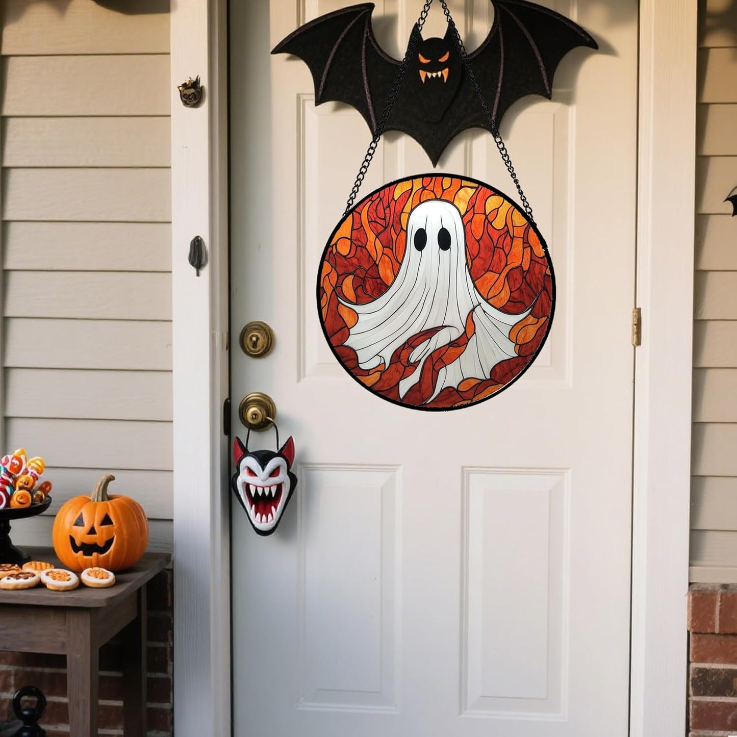 Stained Glass Window Hanging - Halloween Decorations White Ghost Orange Sky Suncatcher for Doors Garden Funny Spooky Sun Catchers Gothic Decor Horror Gifts for Women Men Friend Boy 6.3 in