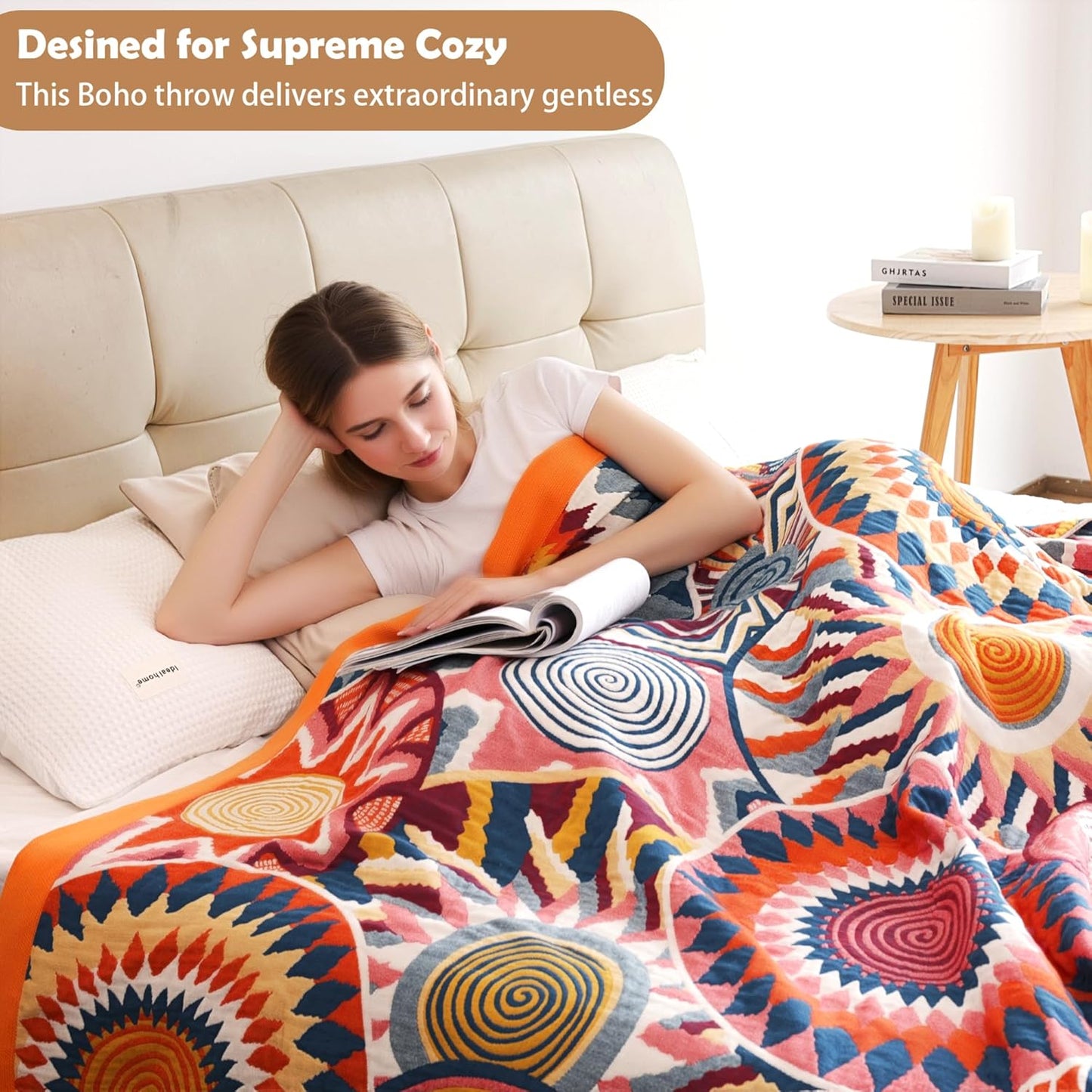 Boho Throw Blanket, 100% Organic Muslin Cotton Breathable Ultra Soft Bed Quilt Throw - All Season Floral Bird Butterfly Farmhouse Decor Blanket for Sofa Couch Chair and Gift. 60" x 80"