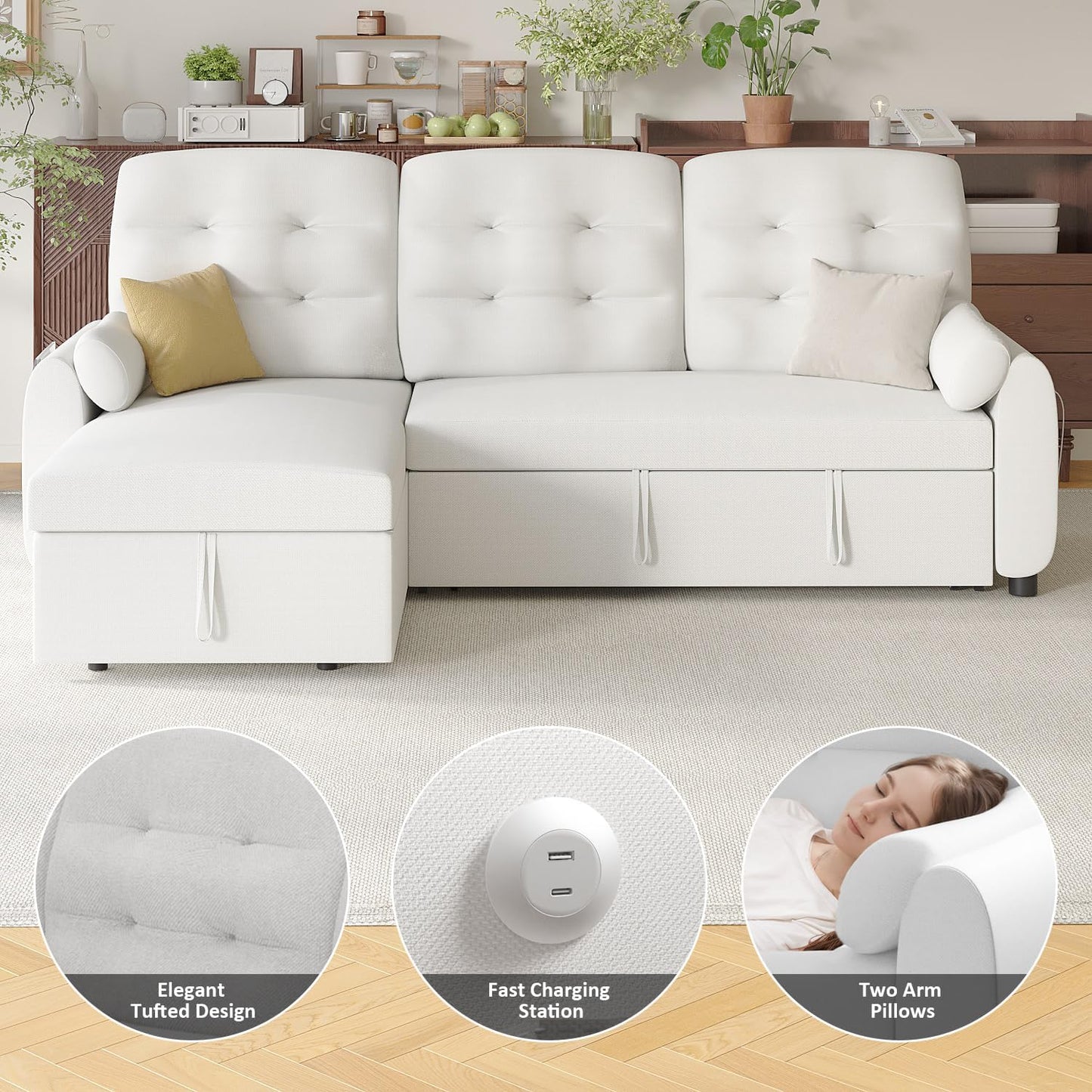 Ucloveria Sleeper Sofa Bed, 86" Convertible Sectional Sofa Couches for Living Room, 4 in 1 Pull Out Couch Bed with Reversible Storage Chaise | USB Ports | Side Pockets | Removable Backrest