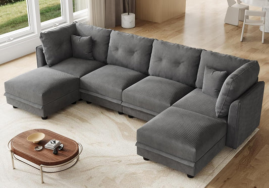LLappuil Modular Sectional Sofa with Storage Seats, Corduroy Convertible Modular U Shaped Sectional Couch for Living Room, 6 Seat Oversized Sofa with 6 Back Cushion 6 Throw Pillow, Grey
