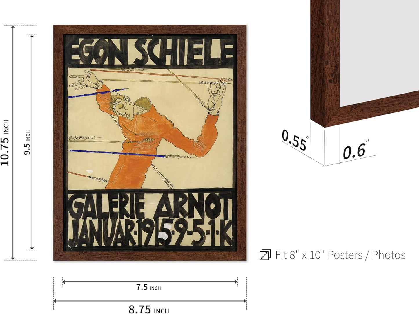 Poster Master Vintage Painting Poster - Retro Expressionism Print - Self Portrait as the Martyred St Sebastian - Gift for Artist, Friend - Wall Decor for Home, Office, 8x10 Brown Framed