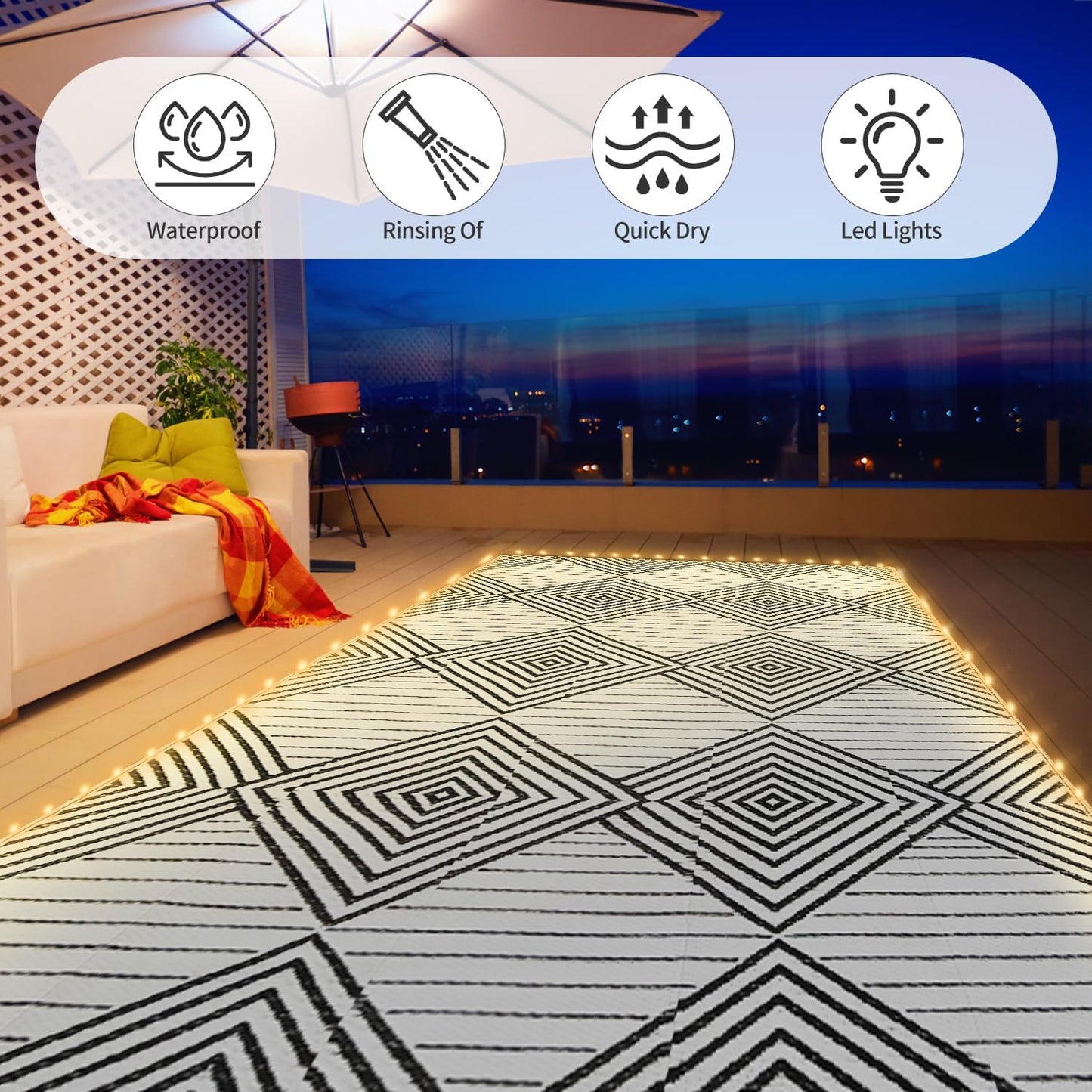 6x9ft Waterproof Outdoor Rug with LED Lights, Foldable Reversible Plastic Straw Mat for Patio RV Camping Picnic Balcony Beach Deck Indoor Outdoor Carpet, Black&White