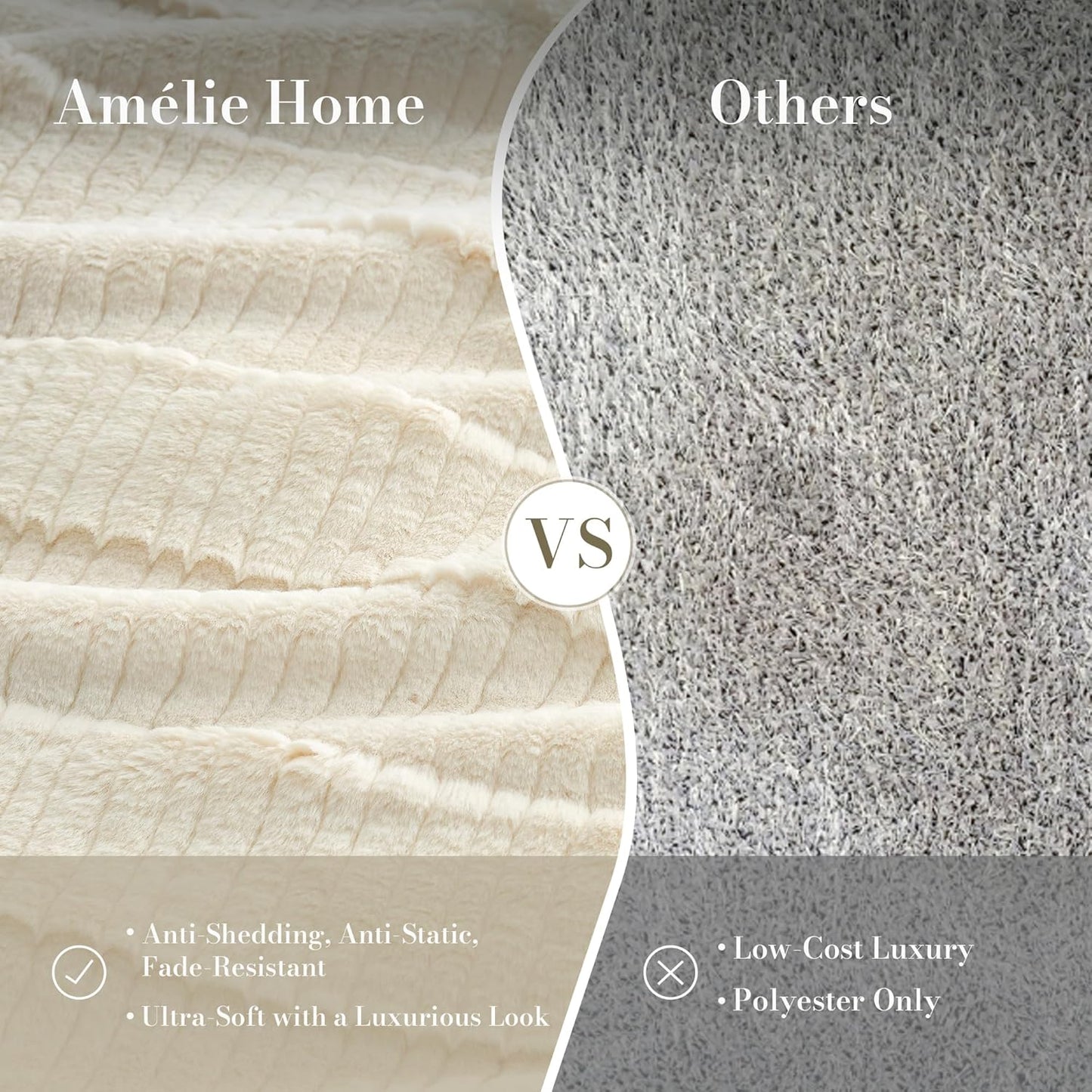 Amélie Home Luxury Striped Faux Fur Throw Blanket for Couch, Embossed Split Fur Cozy Fuzzy Fluffy Luxurious Soft Plush Sofa Chair Bed Gift Blankets for Women Men Wife Friend, 60"x80", Ivory